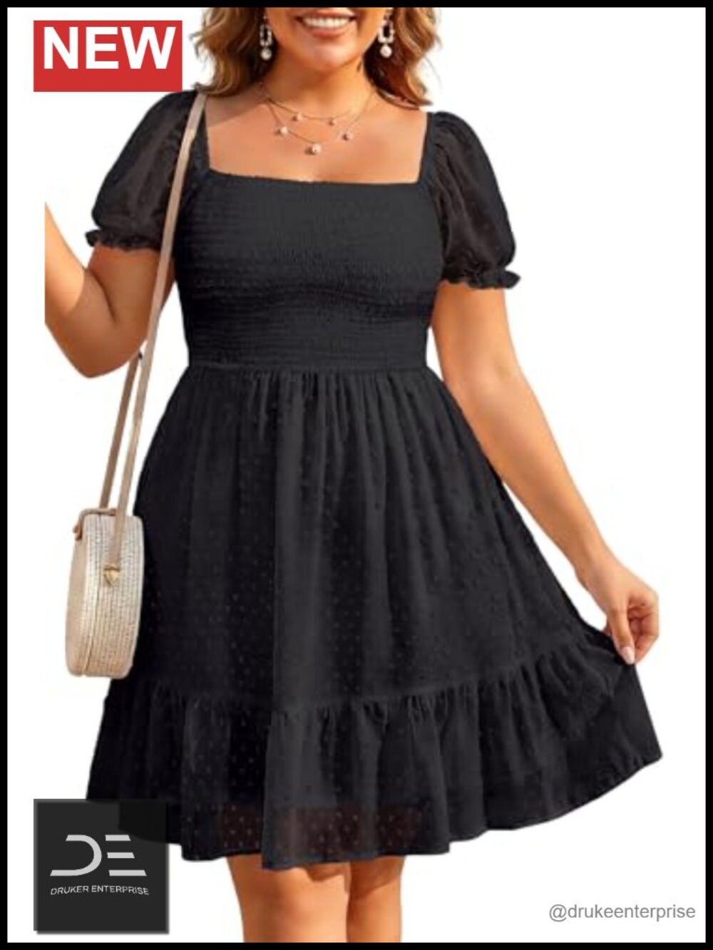 Plus Size Swiss Dot Smocked Chiffon Short Dress Puff Sleeve
